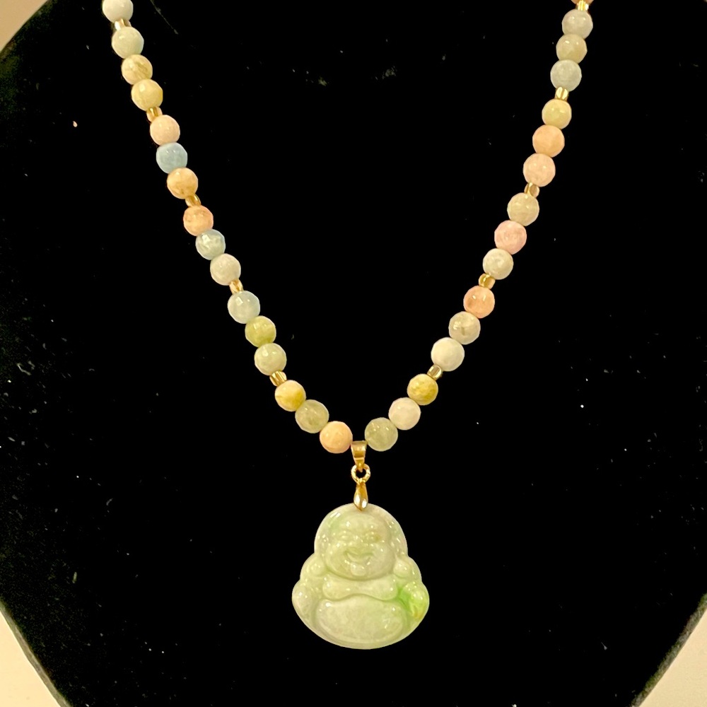 Jade Buddha and Faceted Morganite Necklace